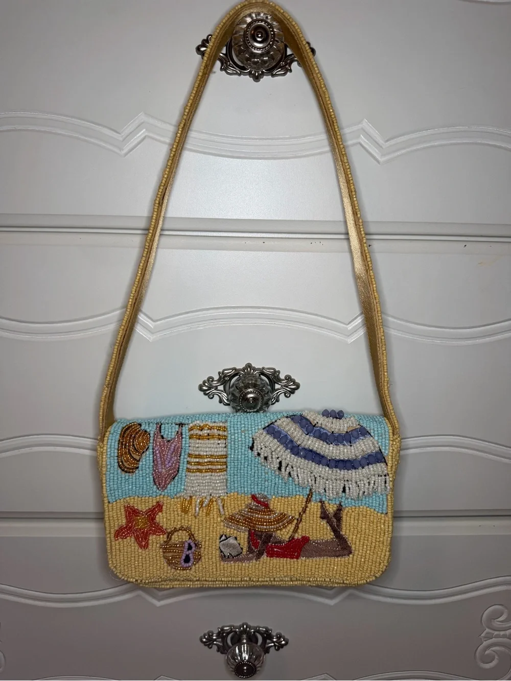 Beaded Beach Scene Shoulder Bag in Yellow and Blue